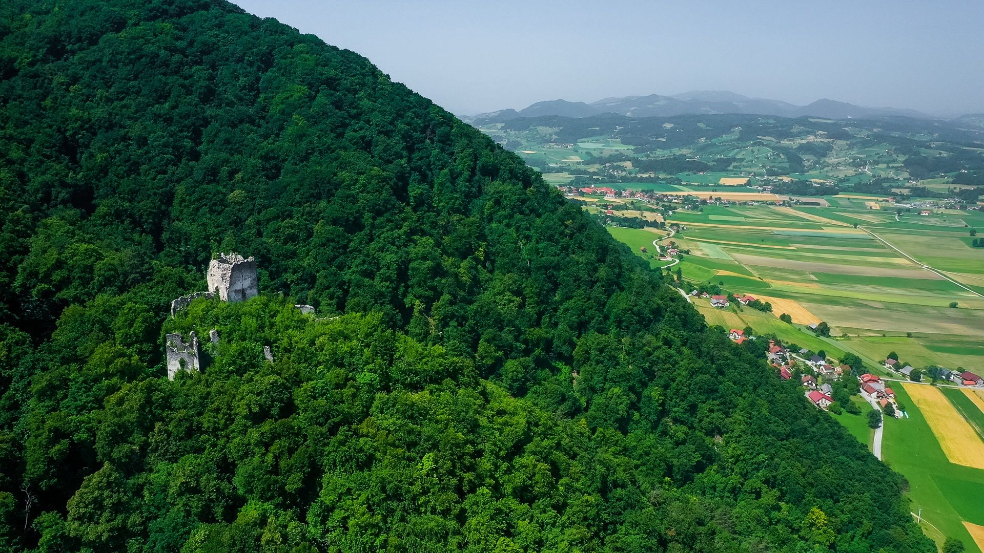 Fotografija grajskih ruševin Kunšperk, posneta iz zraka. Ležijo na vrhu griča, obdanega z zelenimi drevesi.